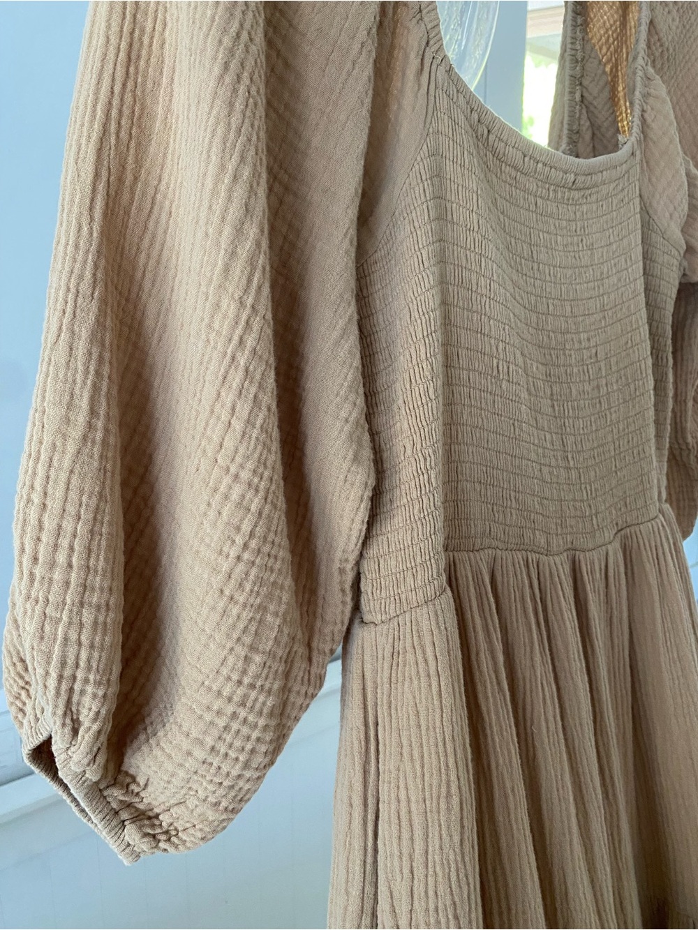 Neuflora - 100% Cotton Gauze Smocked Midi Dress with Square Neck in Tan - Picture 3 of 6